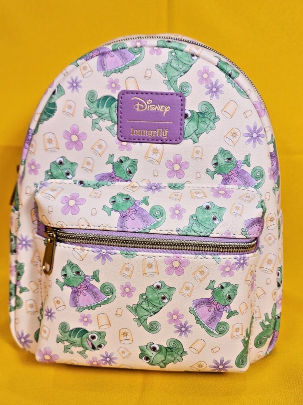 Loungefly Disney Tangled Pascal Purple Dress AOP Expressions Mini Backpack NEW